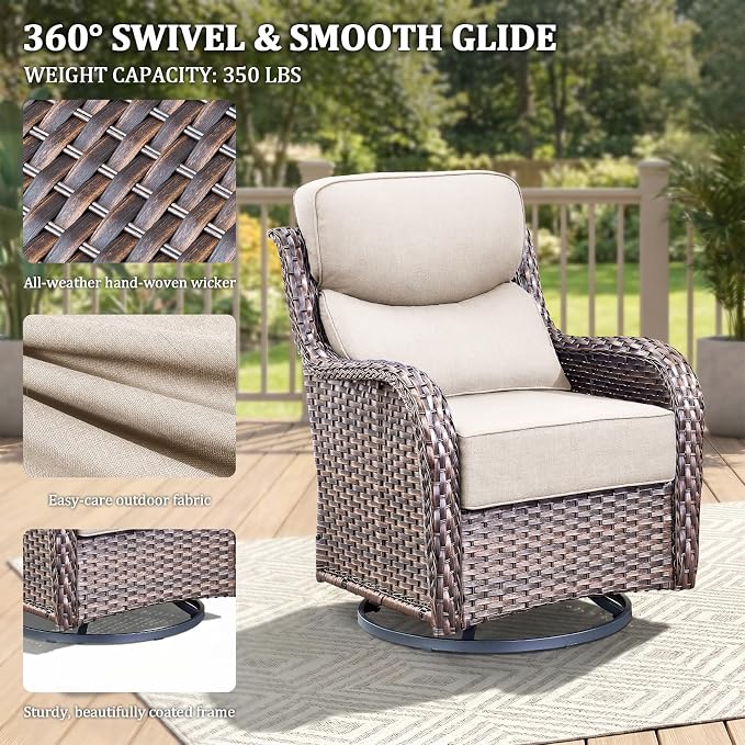 Luxury Swivel Rocker Chairs Fire Pit Set with 6" Thick Cushion 7 piece Wicker Outdoor Patio Chair with Sofa and Ottoman,Comfortable High Back Outdoor Patio Furniture Set - Brown | Beige