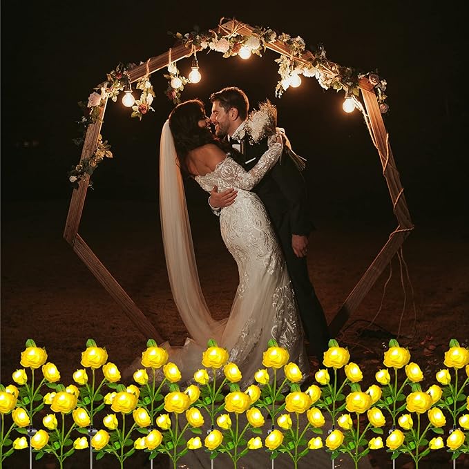SmilingTown Solar Garden Stake Lights 2 Pack with 10 Rose Flowers Landscape Path Decorative Lights Waterproof for Outdoor Yard Grave Cemetery Pathway Courtyard Lawn (Yellow)