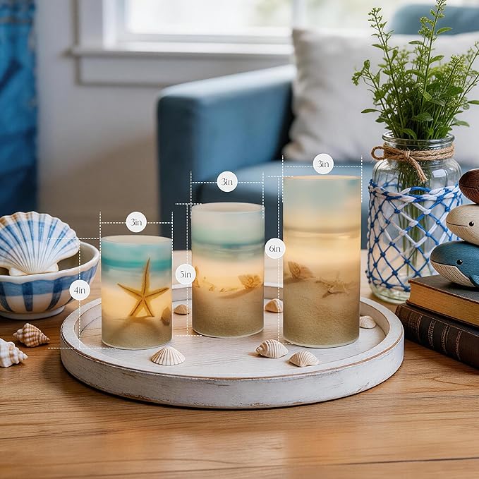 Beach Flameless LED Candles with Remote and Timer, Seashell & Starfish Pillar Unscented Real Wax, Ocean Decor for Home Bedroom Wedding Coastal Room, 3" x 4",5",6", Set of 3(Beach)