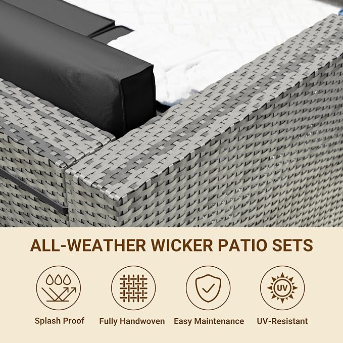Patio Furniture Set with 44'' Propane Gas Firepit Table, 10 PCS Modular Outdoor Sectional Conversation Sets, All-Weather Wicker Patio Set for Backyard, Black (Waterproof Covers Included)