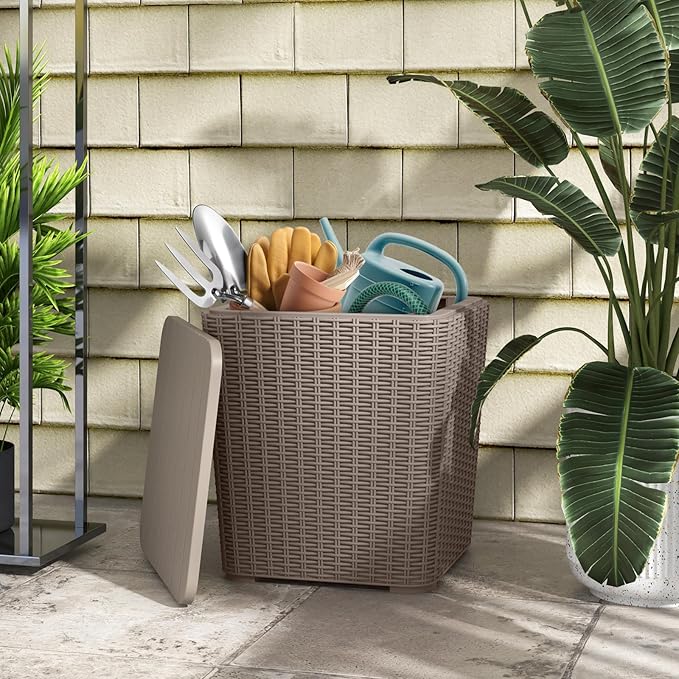 LDAILY 11.5 Gallon Outdoor Storage Box, Deck Box with Table Top & Stool, Resin Wicker Patio Side Table with Storage, Removable Lid, 330Lbs Capacity for Poolside, Balcony (Brown)