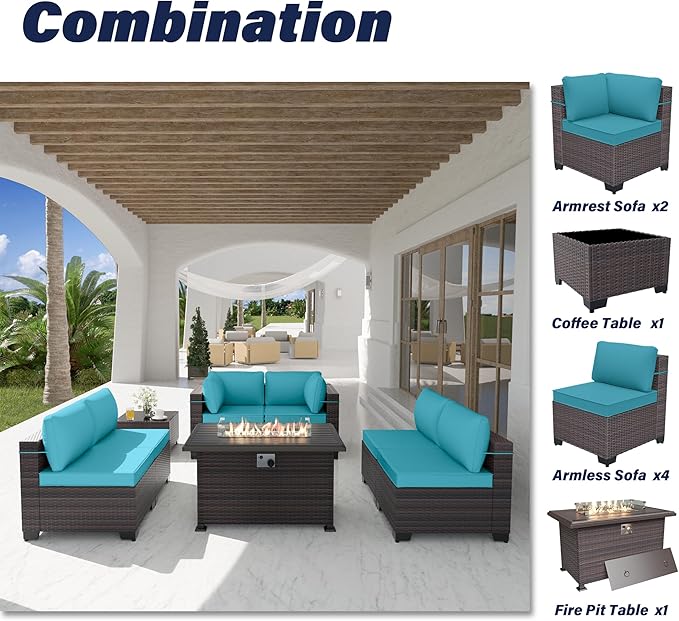 Patio Furniture Set with Fire Pit Table 8-Piece Outdoor Sectional Furniture Outdoor Rattan Patio Conversation Sets with 55,000 BTU Propane Gas Fire Pit Table and Glass Table, Blue