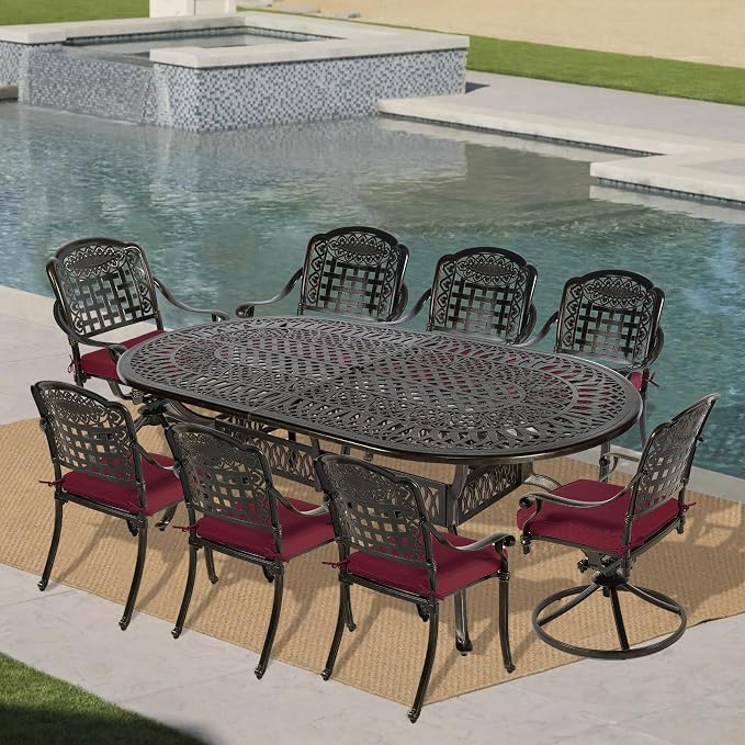 VIVIJASON 9-Piece Patio Furniture Dining Set, All-Weather Cast Aluminum Outdoor Conversation Set, Include 6 Stationary Chairs, 2 Swivel Dining Chairs and an Oval Table with Umbrella Hole, Red Cushion