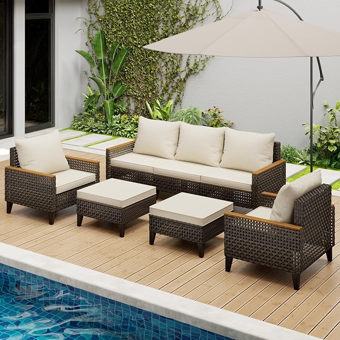 7 Piece Patio Sectional Sofa Furniture Set, All-Weather Wicker Rattan Outdoor Conversation Set with High Back and Thick Cushions, for Garden, Porch, Poolside, Beige