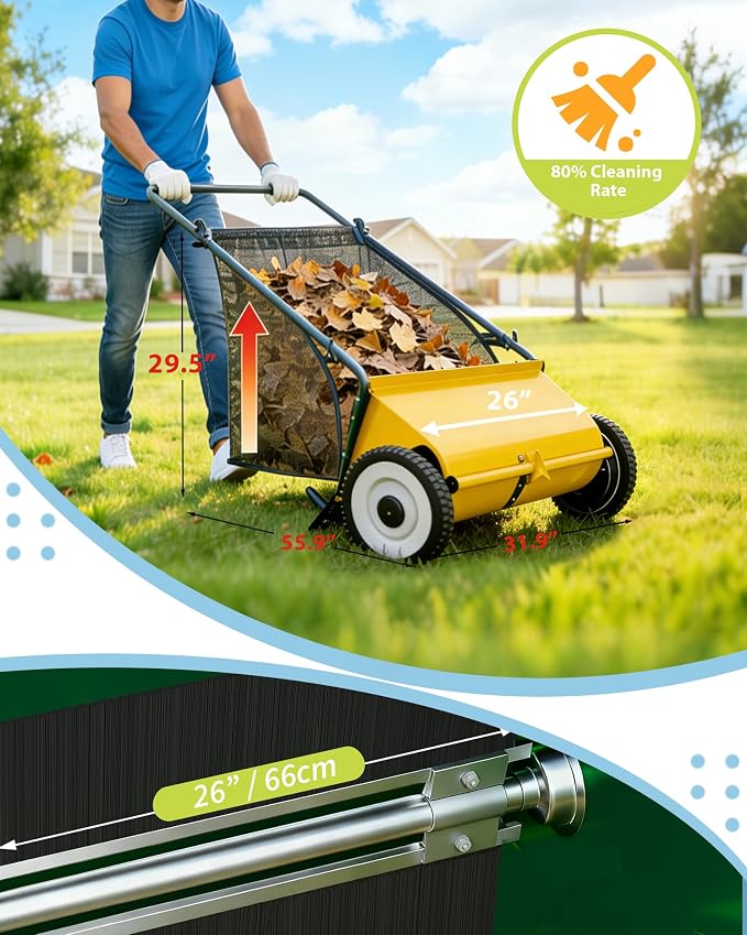 GarveeLife Push Lawn Sweeper, 26 Inch Extra-Wide 4-Brush System, 7 cu.ft. Mesh Bag, Heavy Duty Steel Frame, Height-Adjustable Yard & Garden Cleaner for Leaves and Grass, Yellow
