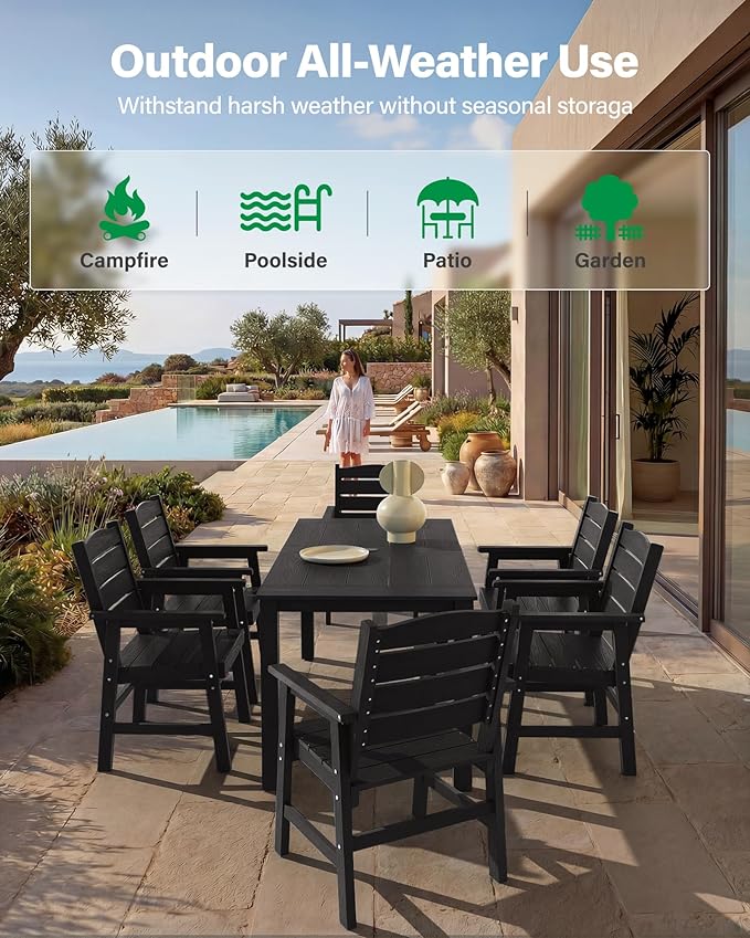YEFU Patio Dining Sets HIPS: 7-Piece All-Weather Outdoor Table and Chairs with Umbrella Hole - Easy Assembly Patio Dining Set for 6 Modern Outside Furniture for Homeowners with Deck/Pool Black