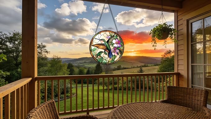 Stained Glass Window Hanging - Green Hummingbirds and Purple Flowers 6.3 Inches Suncatcher for Garden Home Decor for Women Mon Grandma Friends