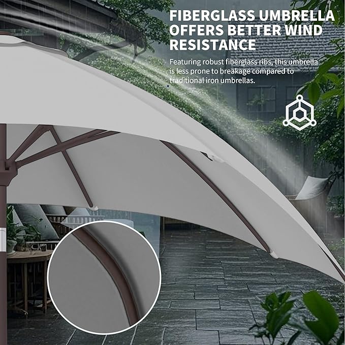 Kingdura 10FT Outdoor Patio Umbrella, Market Table Umbrella with Push Button Tilt and Crank, 8 Sturdy Fiberglass Ribs, UV Protection for Pool, Lawn, Deck, Backyard, Garden (Light grey)