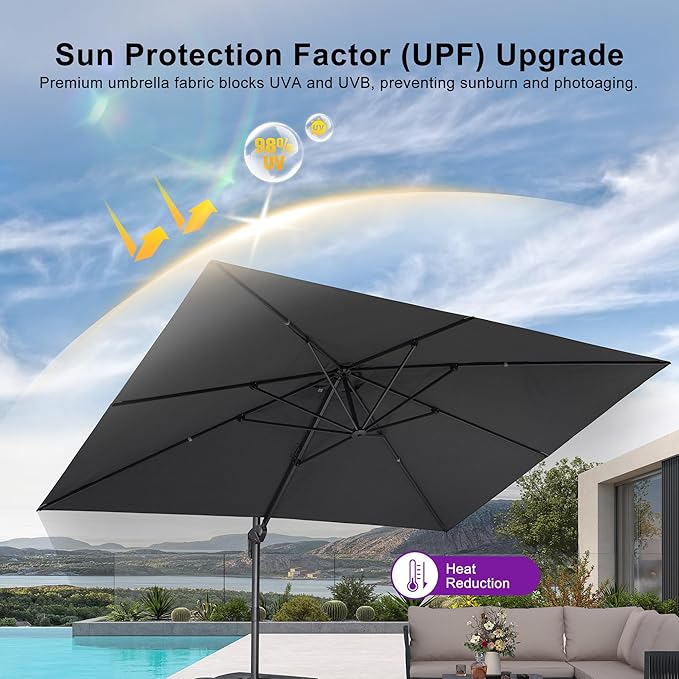 PURPLE LEAF 9' X 11.5' Rectangle Cantilever Umbrella with Base Outdoor Large Aluminum Patio Umbrella with 3-Year Fade Resistance Recycled Fabric and 360-degree Rotation for Deck Pool, Ocean Slate