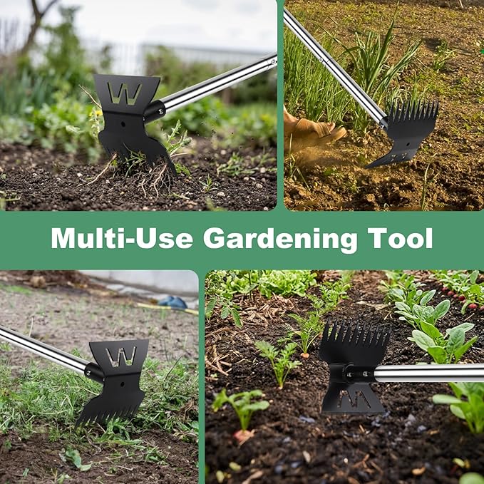 Larger Weed Puller Tool with Long Handle, Heavy Duty 10 Teeth Weed Rake & Hoe Garden Tool for Weeding, 57" Garden Hoe Weed Remover Tool with Detachable Handle, Manual Weeder for Garden Yard Lawn Patio