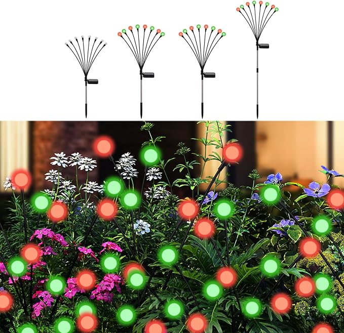 Solar Firefly Lights Outdoor, 8 Modes Red and Green Swaying Firefly Solar Garden Lights Waterproof for Outside Christmas Holiday Yard Patio Pathway Landscape Garden Decor(Red & Green 4 Pack)