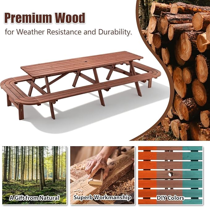 14-16 Person Wood Picnic Table with Attached Benches & Umbrella Hole,Rectangle Brown Outdoor Wooden Dining Table & Chairs for Patio Yard Garden Porch Deck