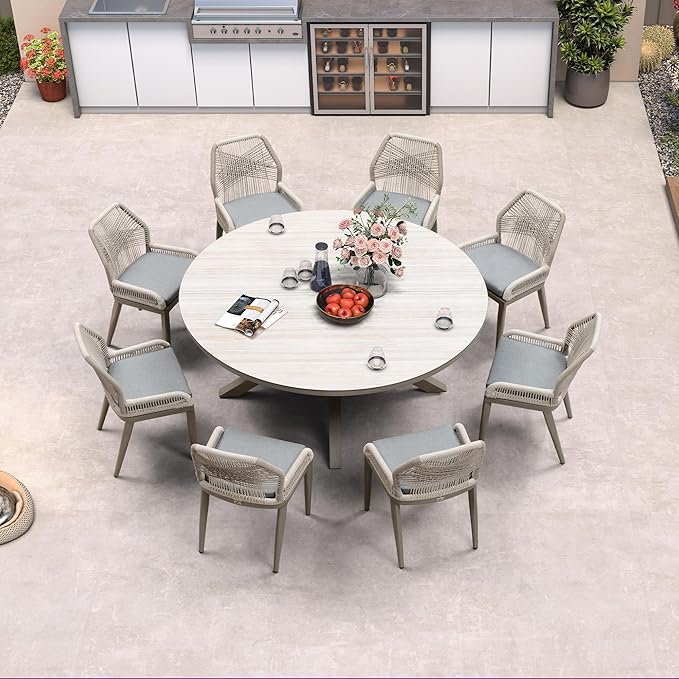 PURPLE LEAF 9 Pieces Round Dining Set Patio Aluminum Modern Round Table and Wicker Chairs with Cushions for Kitchen Backyard Garden Outdoor Furniture Sets, Light Grey