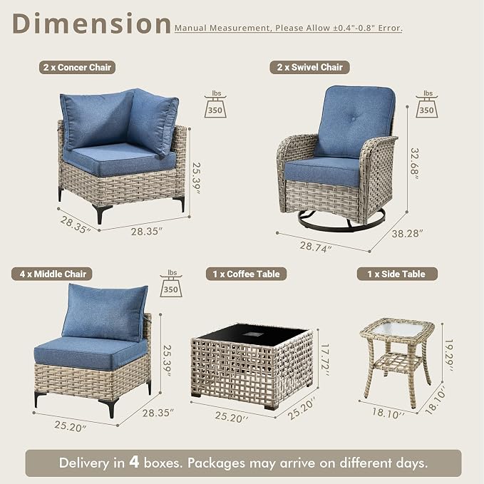 10 Pieces Patio Sectional Furniture Set, Outdoor Wicker Sectional Couch with High Back Swivel Rocker Chairs Solar Lights Table, Modern Conversation Set for Porch Balcony Backyard, Denim Blue