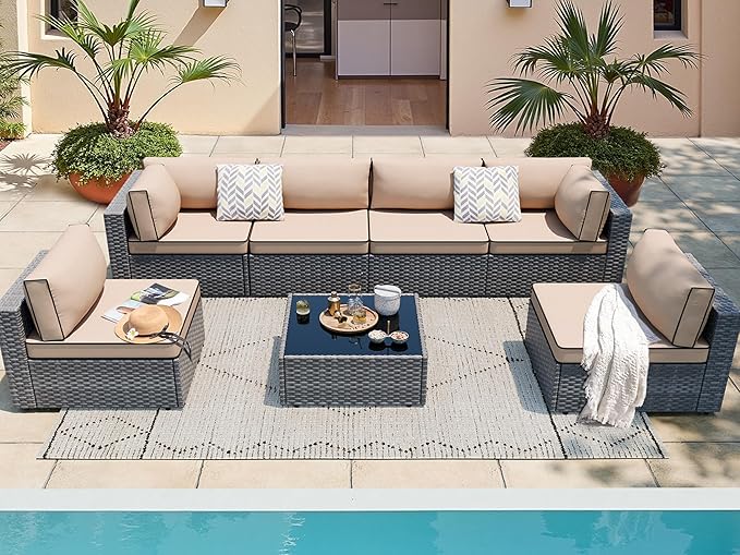 SUNLEI Outdoor Patio Furniture Set 7 Pcs, Rattan Balcony Furniture with Backrest Glass Table & Washable Cushions with Sectional Design Small Conversation Patio Set (Silver/Khaki)