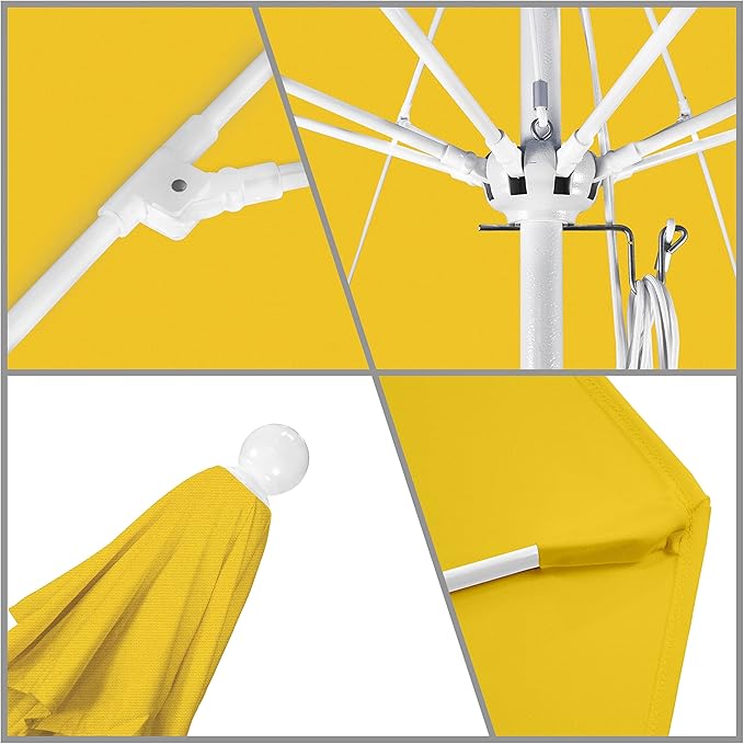 California Umbrella 9' Round Aluminum/Fiberglass Umbrella, Push Open, White Pole, Olefin Lemon Fabric