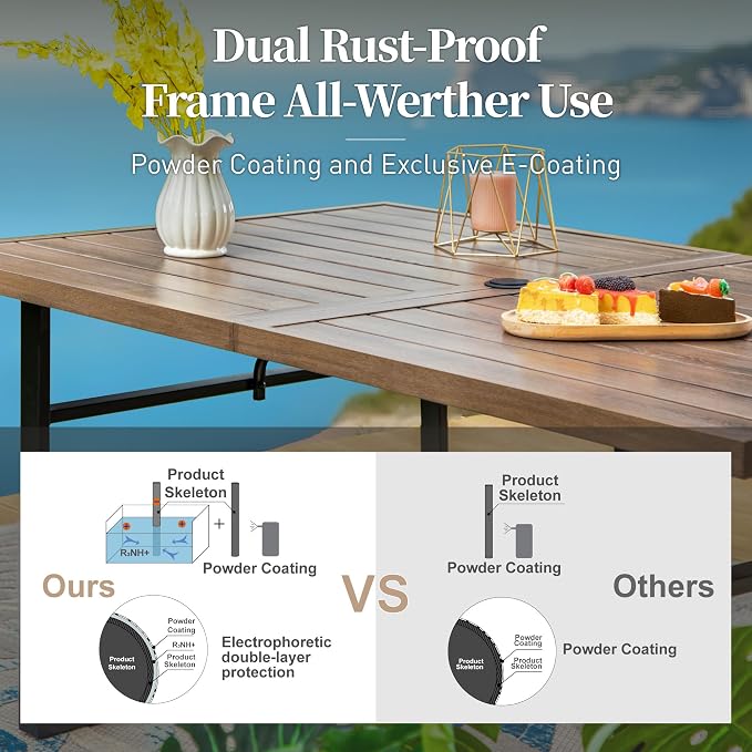 SUNSHINE VALLEY Patio Table and Chairs Set of 6, All-Weather Breathable Metal Mesh Patio Chair with Gourd-Shaped Armrests, 64x38 Wood-Like Table with Umbrella Hole, 7 Pcs Metal Frame Patio Dining Set