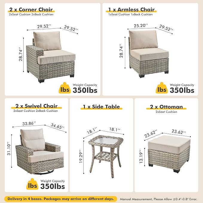 Patio Outdoor Furniture Set - All Weather Wicker Modular Sectional Sofa Couch,Patio Seating Outdoor Conversation Sets for Deck Yard Garden (Beige, 8 Pcs w/Swivel Glider)