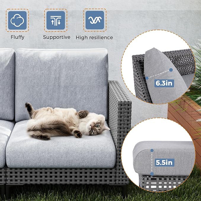 Outdoor Patio Sofa Conversation Set–Rattan 4 Seats Comfortable Couch for Garden, Yard, Weatherproof–Includes Glass Table, Armless Chairs, and Two-Seater Sofa