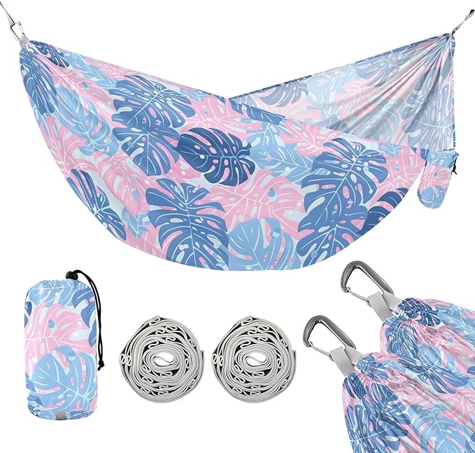 Camping Hammock Outdoor Hammocks for Outside Blue Pink Monstera Leaves Beach Trees Portable Lightweight with Pockets Tree Straps Indoor
