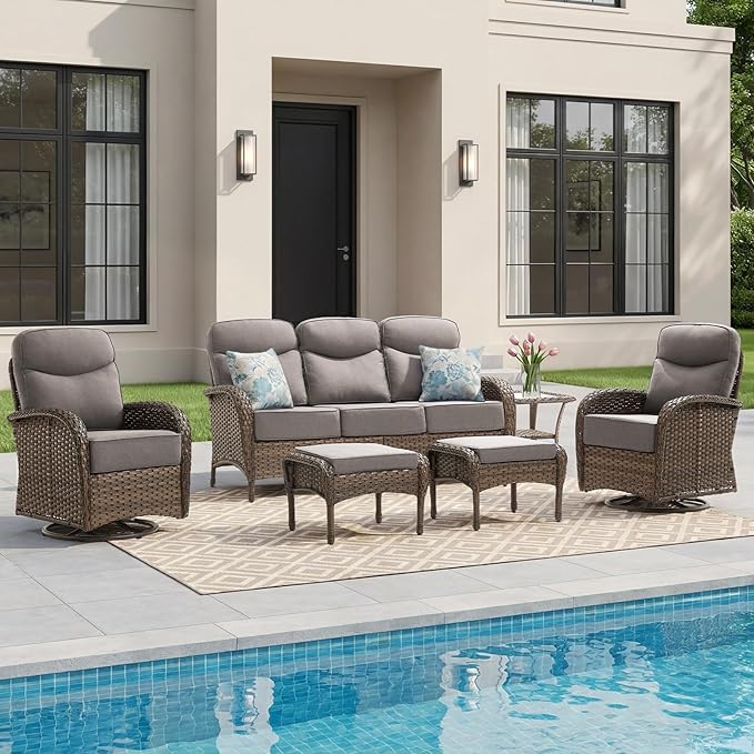 Outdoor Swivel Rocking Chair Patio Set (6-Piece), High-Back - Thick Cushion Swivel Rocking Chair Patio Set, All-Weather Wicker Patio Furniture Set, Suitable for Balcony Patios, Brown/Gery