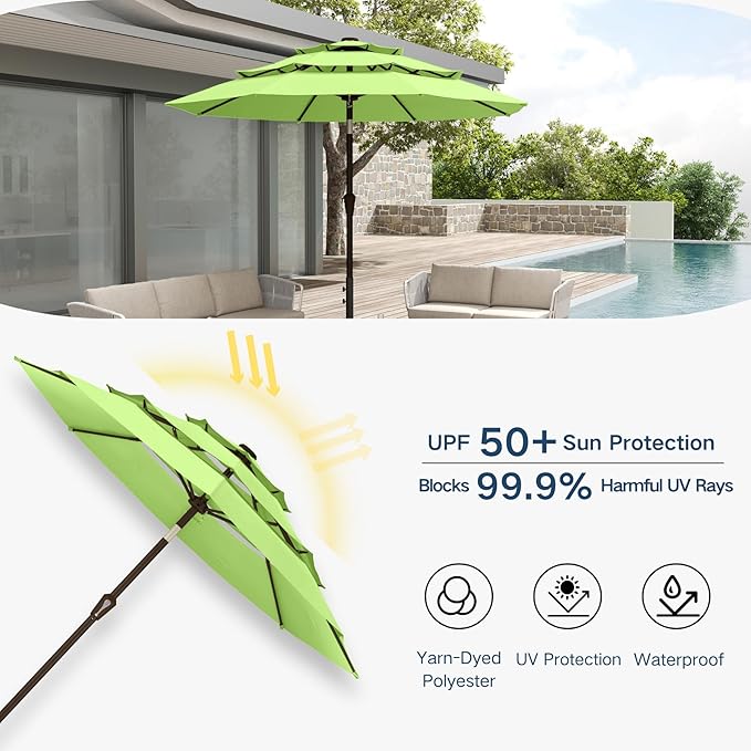 10FT Patio Umbrella 3 Tiers Outdoor Market Umbrella w/Push Button Tilt, Crank, UV and Waterproof Table Umbrella for Garden, Pool, Backyard, Deck, Lawn, Apple Green
