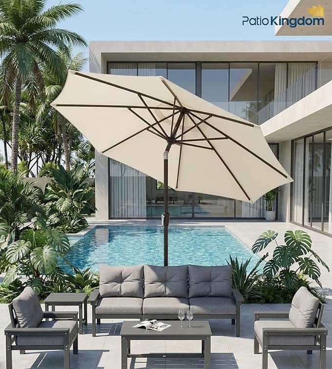 PatioKingdom 9FT Patio Outdoor Umbrella-UPF 50+ Sun Shade with Wind Vent, Push-Button Tilt & Smooth Crank Lift, Rust-Resistant Fiberglass Frame for Garden, Backyard,Yard (Creamy-white)
