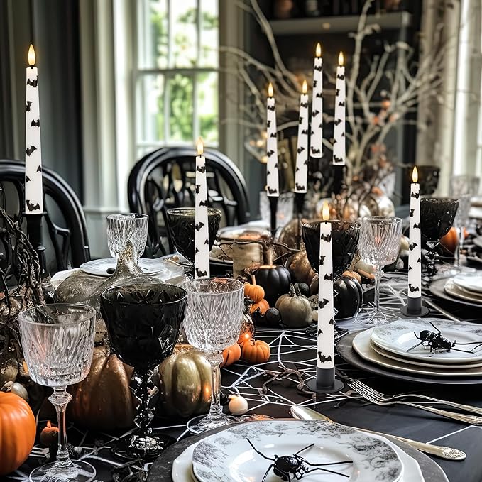 Halloween Taper Candles with Bats, 9.6”Real Wax Flameless Taper Candles with Remote & Timer, 3 Pack Battery Operated Halloween Led Candlesticks for Party Home Decor