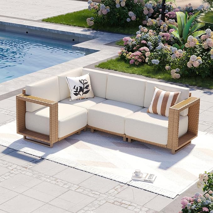 Aoxun Patio Furniture Set, 4 Piece Outdoor Wicker Sectional Sofa, All‑Weather Rattan Modular Sofa with 10'' Ultra‑Thick Cushions, Outdoor Conversation Set for Backyard, Poolside & Garden, Yellow/Beige