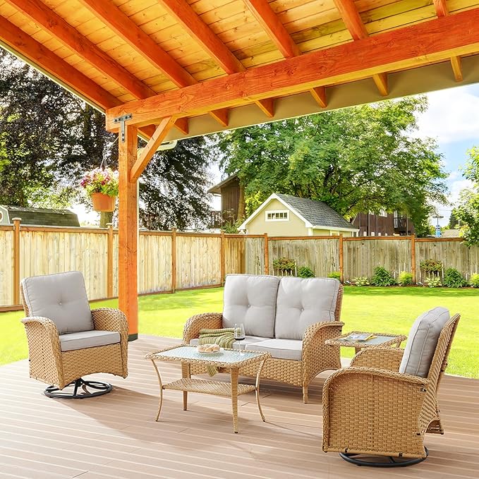 Belord Patio Furniture Swivel Glider PE Wicker Chairs, Outdoor Swivel Rocker Seating with Cushions for Porch Deck Balcony, Yellow/Beige