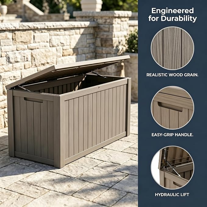 178 Gallon Resin Deck Box with Gas Lift Support – Outdoor Storage for Patio Furniture, Garden Tools & BBQ Accessories – Weatherproof Wood Grain Design with 660 Lbs Bench Seat (Lockable Lid)