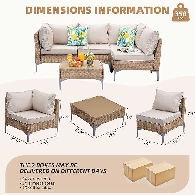 Jing's Villa 5-Piece Outdoor Patio Furniture Set, All-Weather Wicker Sectional Sofa with Coffee Table & Thick Anti-Slip Cushions for Backyard,Lounge,Garden,Deck, Beige