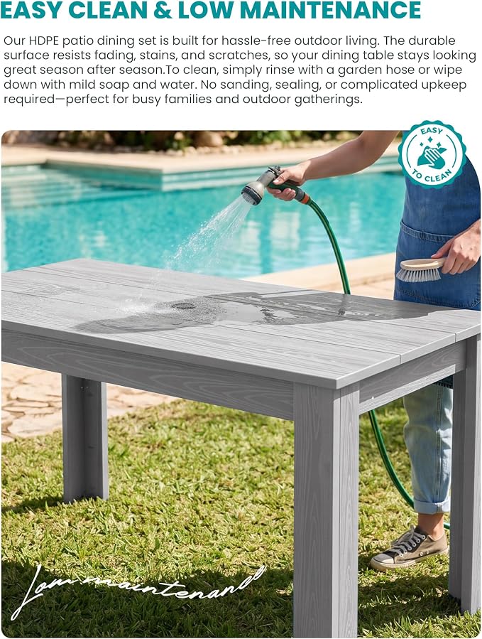 SERWALL 59" Outdoor Dining Set for 6, Light Gray | Include 1 Rectangular Dining Table and 6 Armless Chairs, All Weather Dining Sets for Garden, Backyard