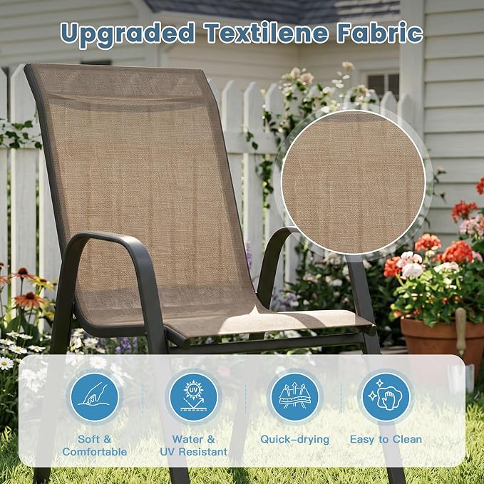 DIFY 5 Piece Outdoor Dining Set, 40" Walnut Round Metal Patio Table and Brown Textilene Stackable Chairs for 4, All Weather Patio Furniture Set with Umbrella Hole for Backyard Garden Deck