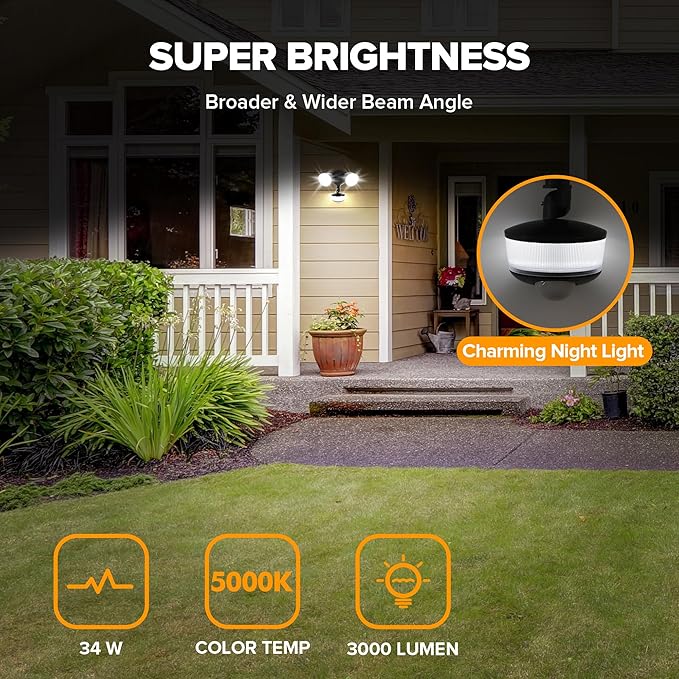 LUTEC 34W 3000 Lumen Motion Sensor Outdoor Lights, 5000K Daylight, IP65 Waterproof Flood Lights Outdoor with Night Light, Dusk to Dawn Motion Detector LED Security Light for Outside Garage, Yard-Black