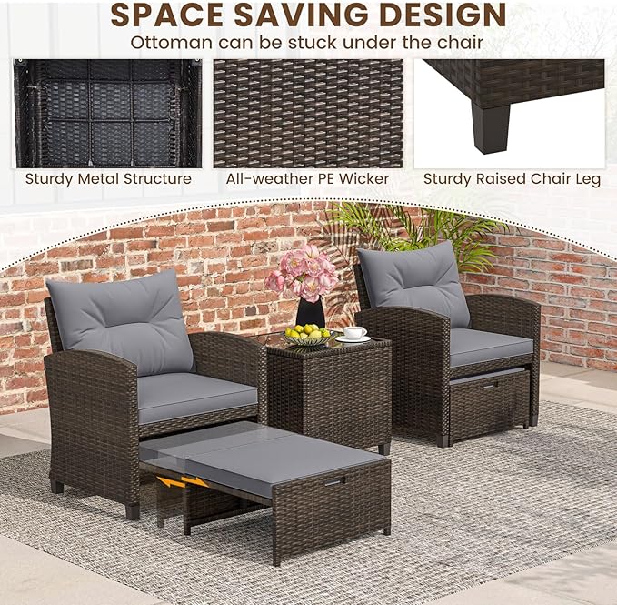 ORALNER 5 Pieces Patio Furniture Set with Ottoman, Wicker Conversation Set w/Cushions, Glass Coffee Table, Outdoor Rattan Lounger Chairs Bistro Set for Porch Balcony Garden Deck Poolside (Gray)