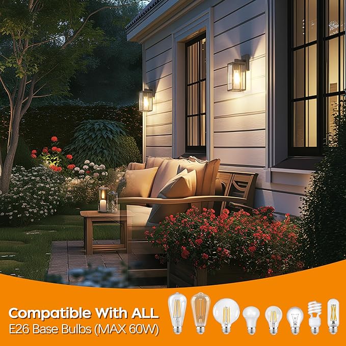 WIHTU 2Pack Outdoor Front Porch Light, Exterior Lighting Fixture Wall Mount | 10.65 inch, Anti-Rust Metal Frame, Tempered Glass, E26 Base, Waterproof, Wall Lantern for House, Patio, Garage, Entryway