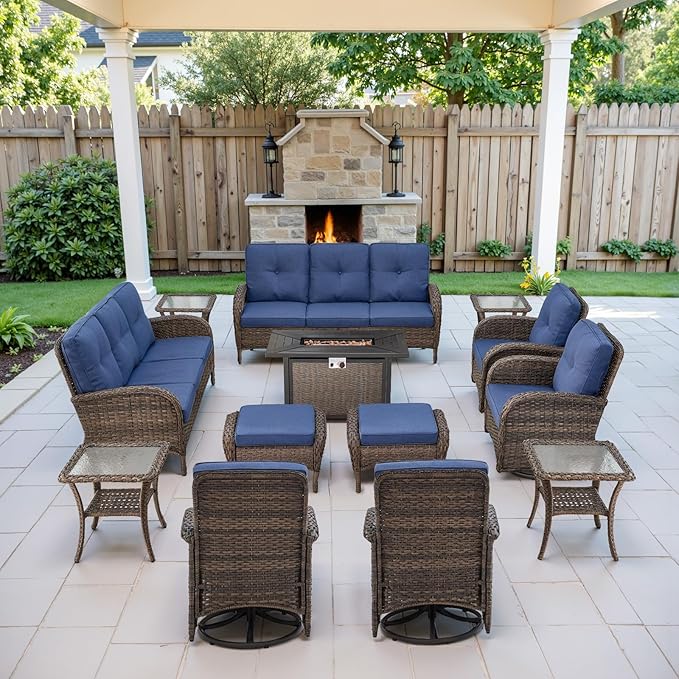 Belord Grand 13 Pieces Outdoor Patio Furniture Set with 4 Swivel Glider Chairs and 50000 BTU Propane Fire Pit Table, Patio Conversation Set with Sofa and Wicker Side Table for Big Garden Backyard