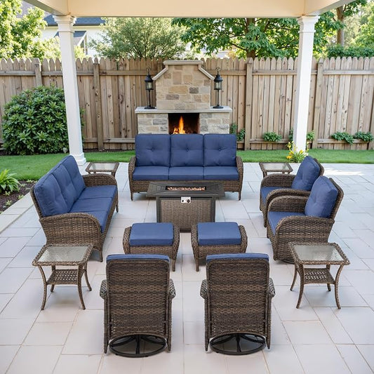 Belord Grand 13 Pieces Outdoor Patio Furniture Set with 4 Swivel Glider Chairs and 50000 BTU Propane Fire Pit Table, Patio Conversation Set with Sofa and Wicker Side Table for Big Garden Backyard