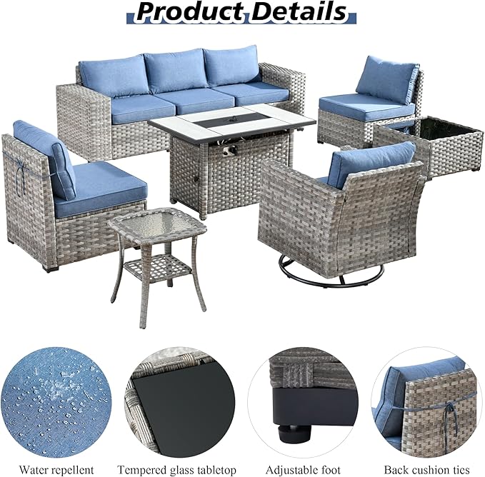 HOOOWOOO Outdoor Patio Sectional Furniture Sofa Set with Large Fire Pit Table,9 Piece Modern Wicker Couch with Swivel Chair,Modular Conversation Seating Set with Widened Armrest(Denim Blue)