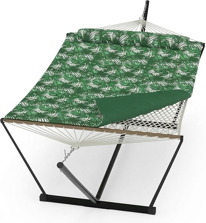 Double Hammock with Stand – 2-Person Cotton Rope Hammock with Polyester Quilted Pad & Pillow, 475 Lbs Capacity Portable Hammock for Garden, Yard & Camping