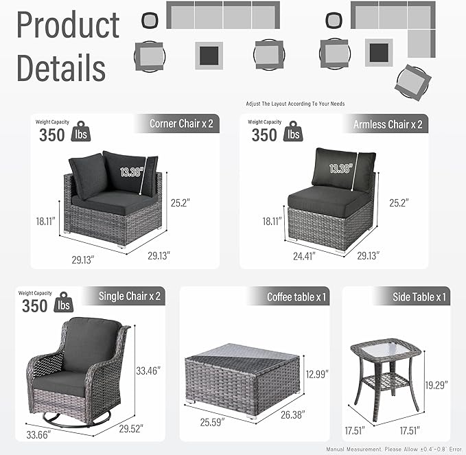 HOOOWOOO Patio Outdoor Sectional Furniture Sofa Set with Swivel Chairs,8 Piece L Shaped Corner Wicker Rattan Couch Set with Glass Table,Modern 6 Persons Summer Patio Conversation Set(Black)