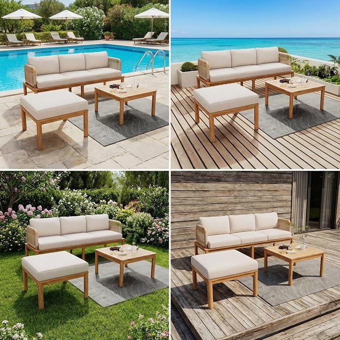 Patio Furniture Set of 3, Outdoor Sectional Furniture with Coffee Table and Ottoman, All-Weather Patio Conversation Set for Backyard, Garden and Poolside (Series A)