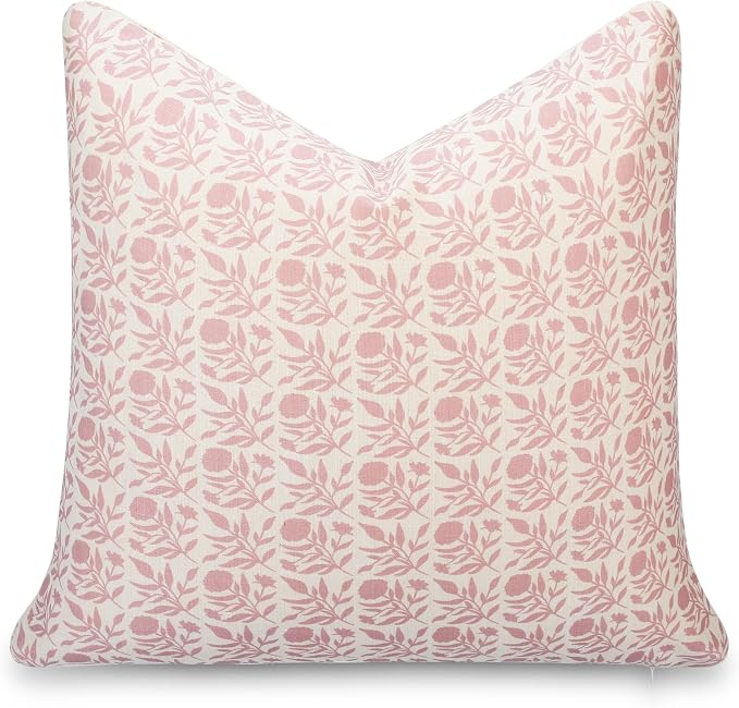 Crumbs Home Modern Farmhouse California Casual Indoor Outdoor Throw Pillow Cover, 20"x20" Water Repellent for Patio, Backyard, Couch, Poolside, Dark Rose Print Floral and Leaves Geometric