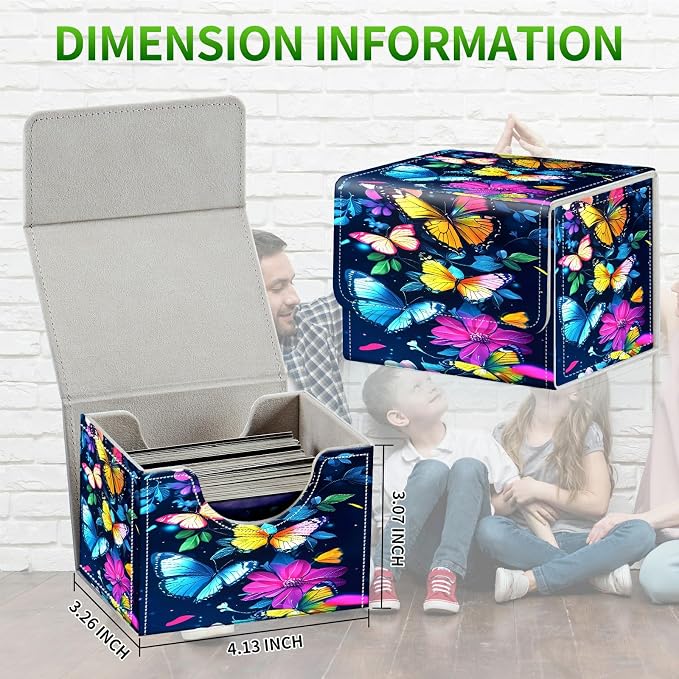 Card Deck Box for MTG, Cards Storage Box Fits 120+ Sleeved, Leather Small Size Strong Magnetic Closing Card Case for Board Games Magic TCG CCG Baseball Collection, Colorful Butterfly