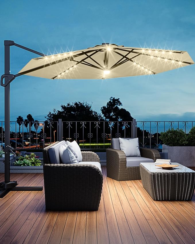 GarveeLife 10 ft Cantilever Umbrella Outdoor Patio Umbrella Solar LED w/Base Included Market Offset Umbrella Sun Shade Windproof with 360-Degree Rotation for Patio Garden Deck Pool, Beige