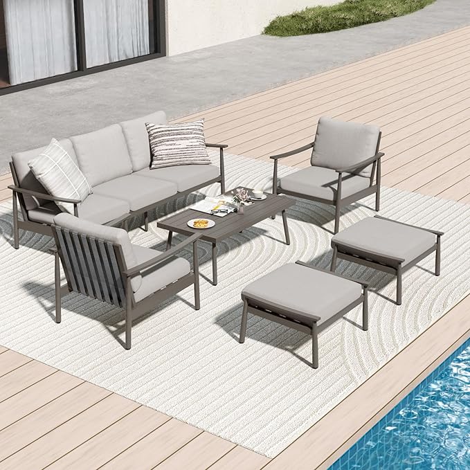 6 Pieces Aluminum Outdoor Patio Furniture Sets with Coffee Table, Cushioned 3-Seat Couch and Armchairs with Ottomans, All Weather Conversation Set for Yard Proch Deck, Greige & Grey