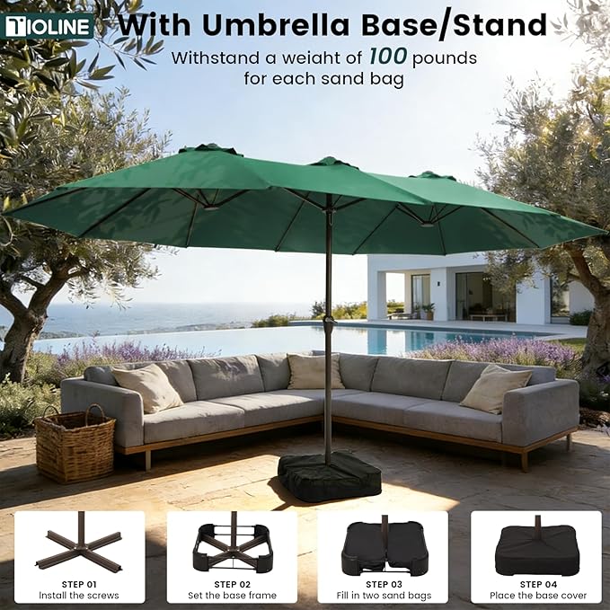 15FT Large Patio Umbrellas with Base Included, Outdoor Double-Sided Rectangle Big Market Umbrella with Stand, Outside Umbrellas for Poolside Lawn Backyard,Green