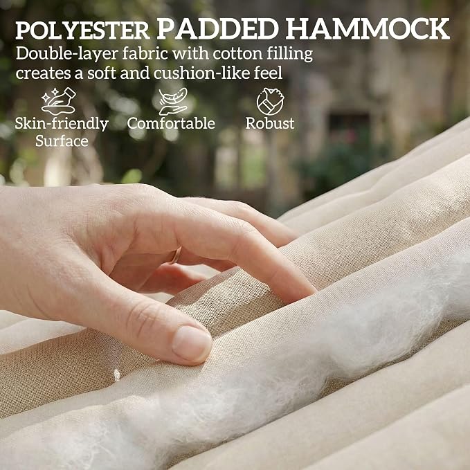 Outdoors 2-Person Hammock with Pillows & Pad Cream White Beechwood Spreader Bars 128in L 440lb Capacity