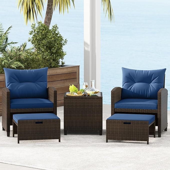 HAPPYGRILL 5-Piece Outdoor PE Rattan Conversation Set, Wicker Patio Furniture Set with Cushion, Ottoman & Coffee Table for Backyard Garden Poolside Lawn Deck Porch (Mix Brown & Navy)